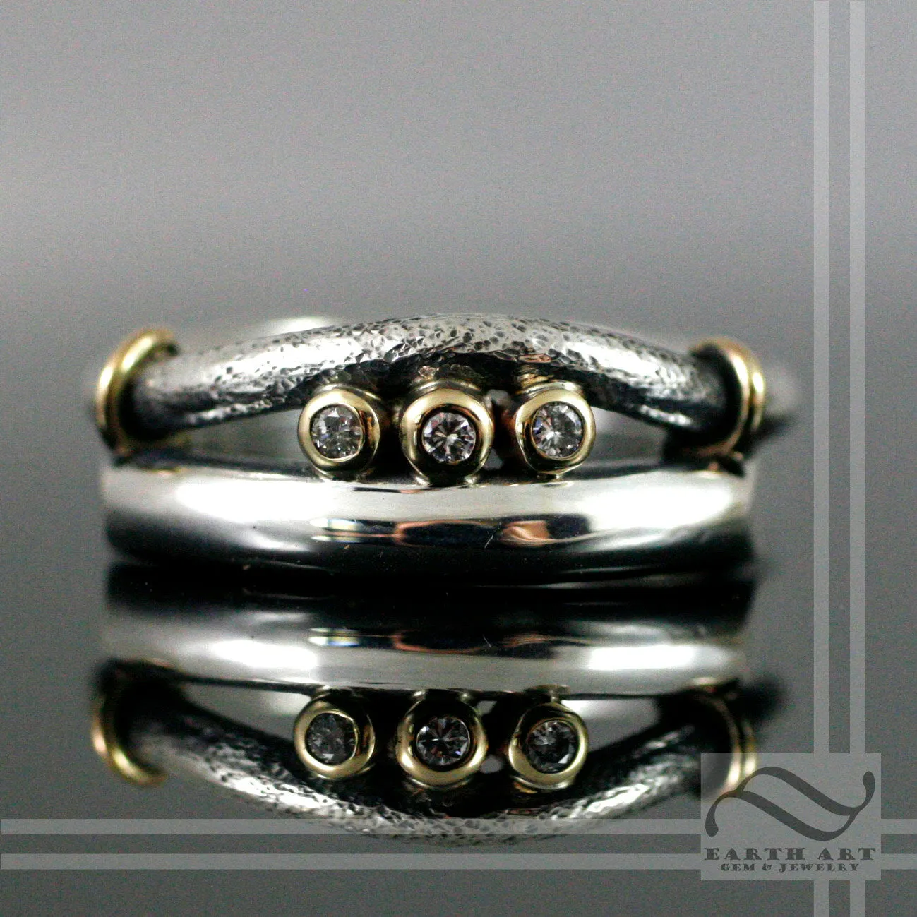 Triple Diamond Mens Wedding band in Sterling silver and yellow gold