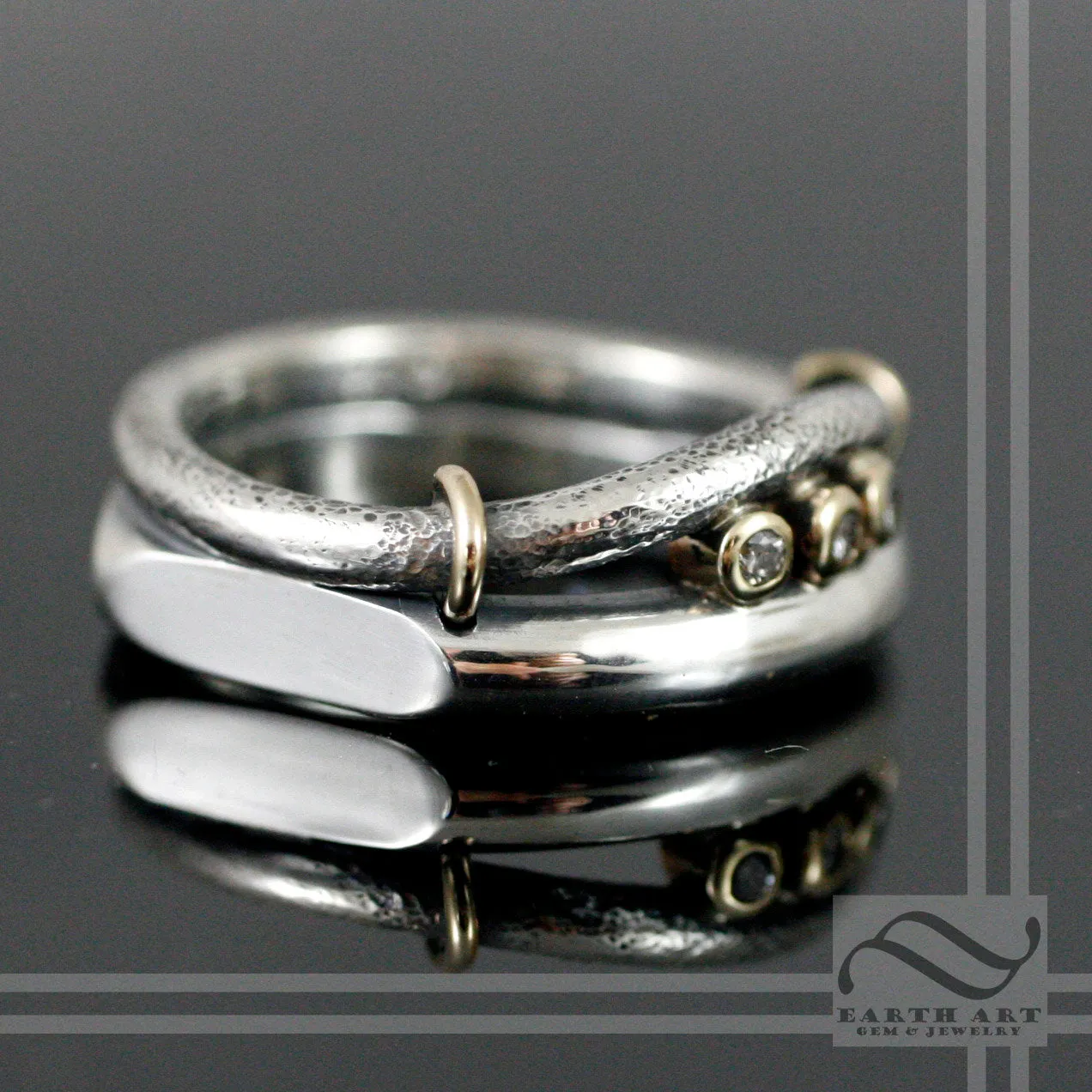Triple Diamond Mens Wedding band in Sterling silver and yellow gold