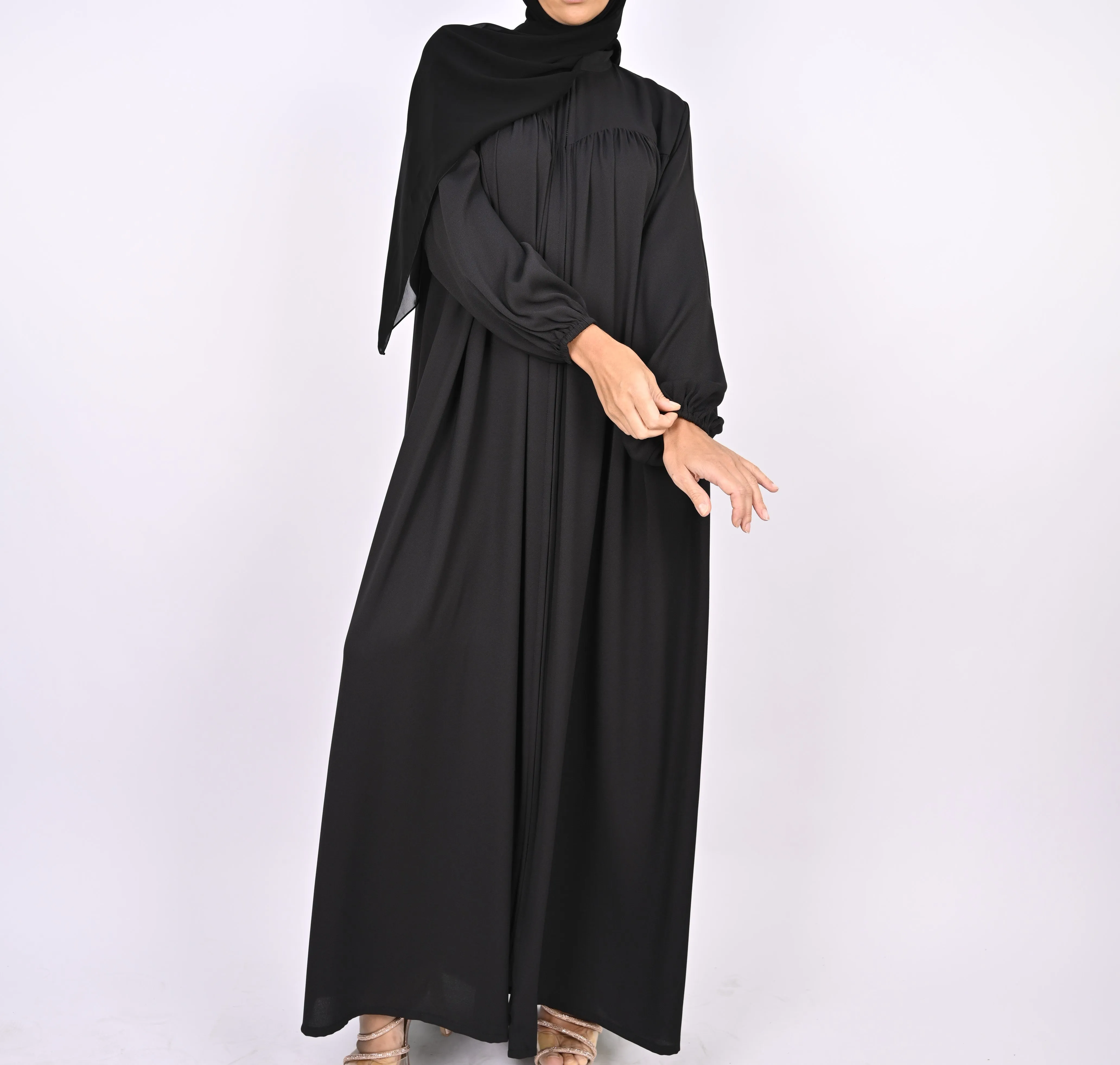 Turkish Style Abaya With Pleats - Black