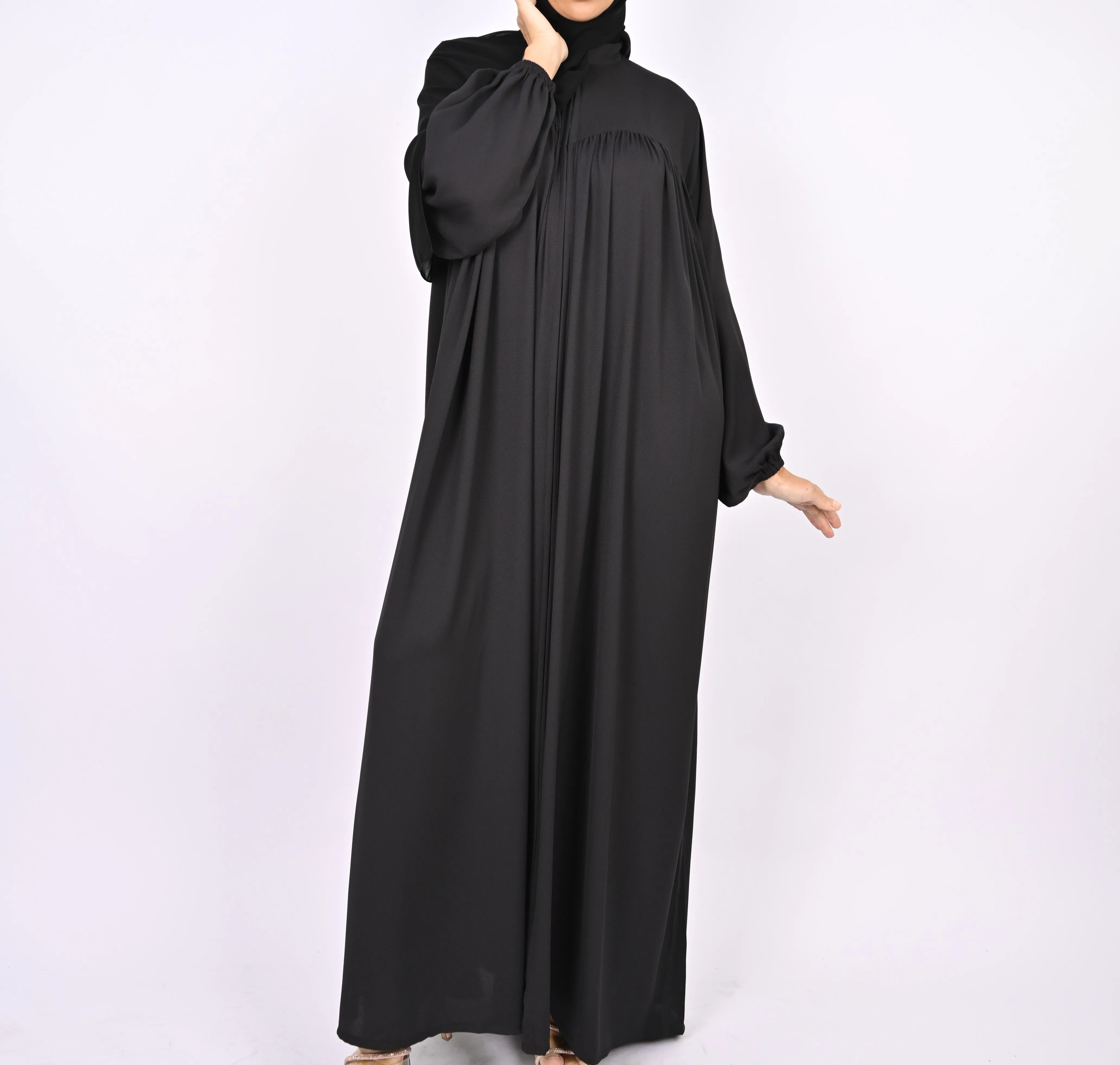 Turkish Style Abaya With Pleats - Black