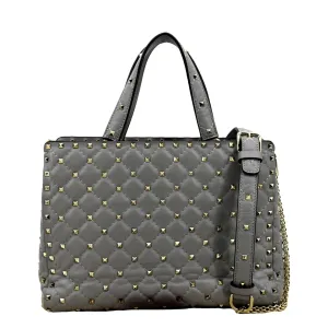 VALENTINO Rockstud Spike Quilted Leather Tote Crossbody Bag Grey