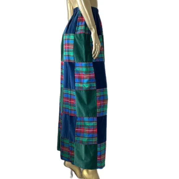 VINTAGE MR. HANK CHRISTMAS PLAID/VELVET PATCHWORK MAXI SKIRT-ELASTIC WAIST