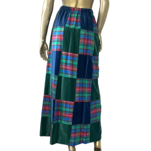 VINTAGE MR. HANK CHRISTMAS PLAID/VELVET PATCHWORK MAXI SKIRT-ELASTIC WAIST