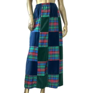 VINTAGE MR. HANK CHRISTMAS PLAID/VELVET PATCHWORK MAXI SKIRT-ELASTIC WAIST