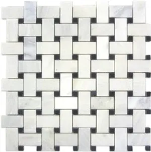 White Marble Basketweave Mosaic Tile Black Dots 1 x 2 Polished
