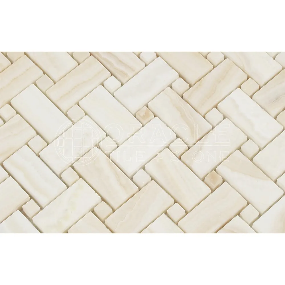 White Onyx Basketweave Mosaic Tile with White Onyx Dots, Vein-Cut, Polished - SAMPLE