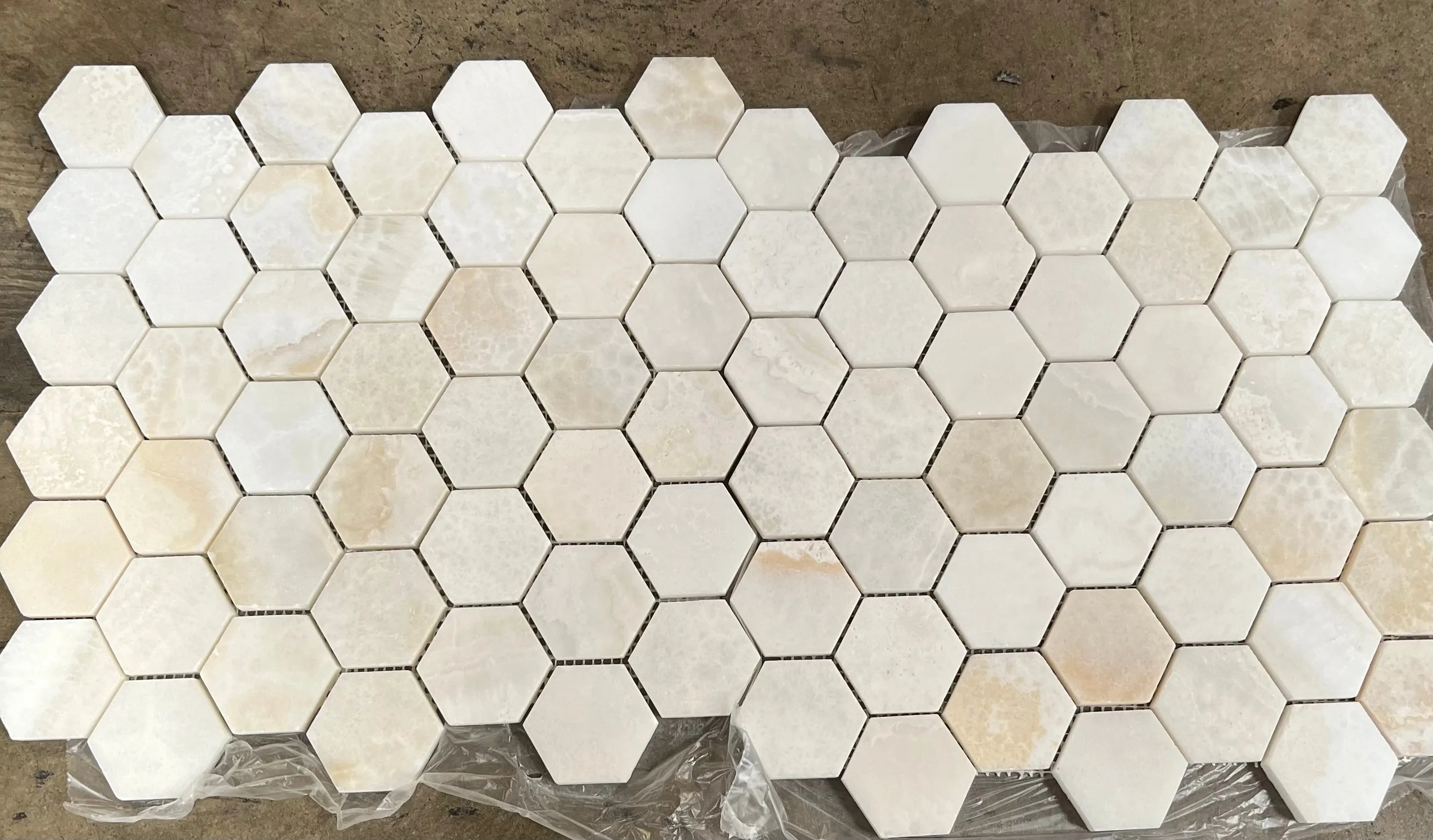 White Onyx (Bianco Fantastico) 2 Inch Hexagon Mosaic Tile, CROSS-Cut, Polished