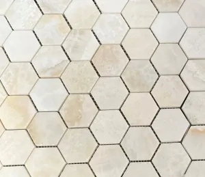 White Onyx (Bianco Fantastico) 2 Inch Hexagon Mosaic Tile, CROSS-Cut, Polished