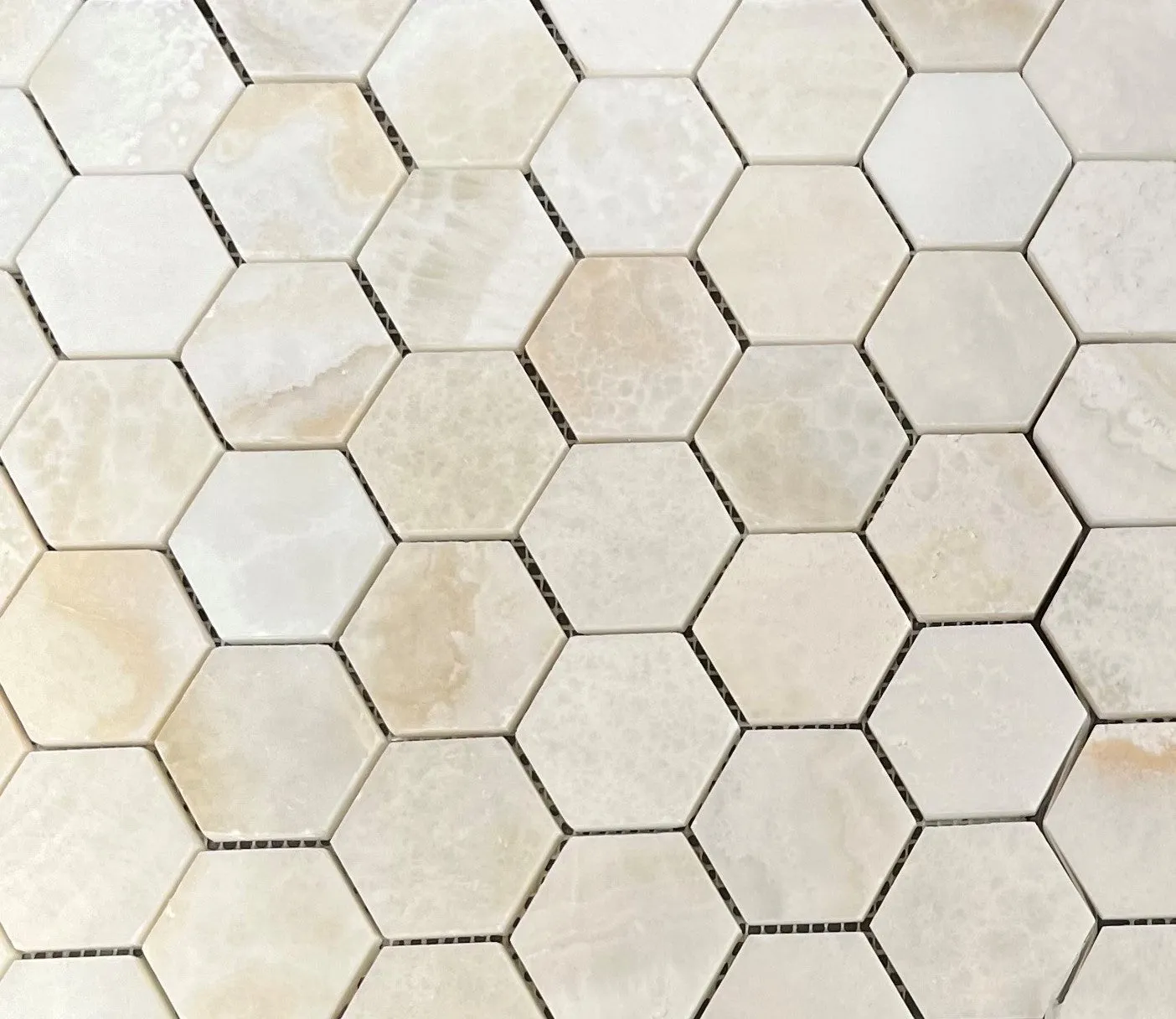 White Onyx (Bianco Fantastico) 2 Inch Hexagon Mosaic Tile, CROSS-Cut, Polished