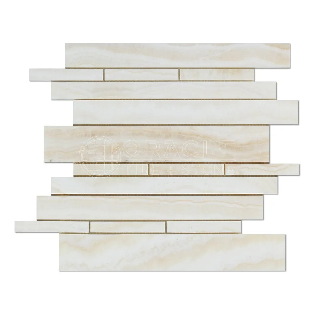 White Onyx Random Strip Mosaic Tile, Cross-Cut, Polished - Sample