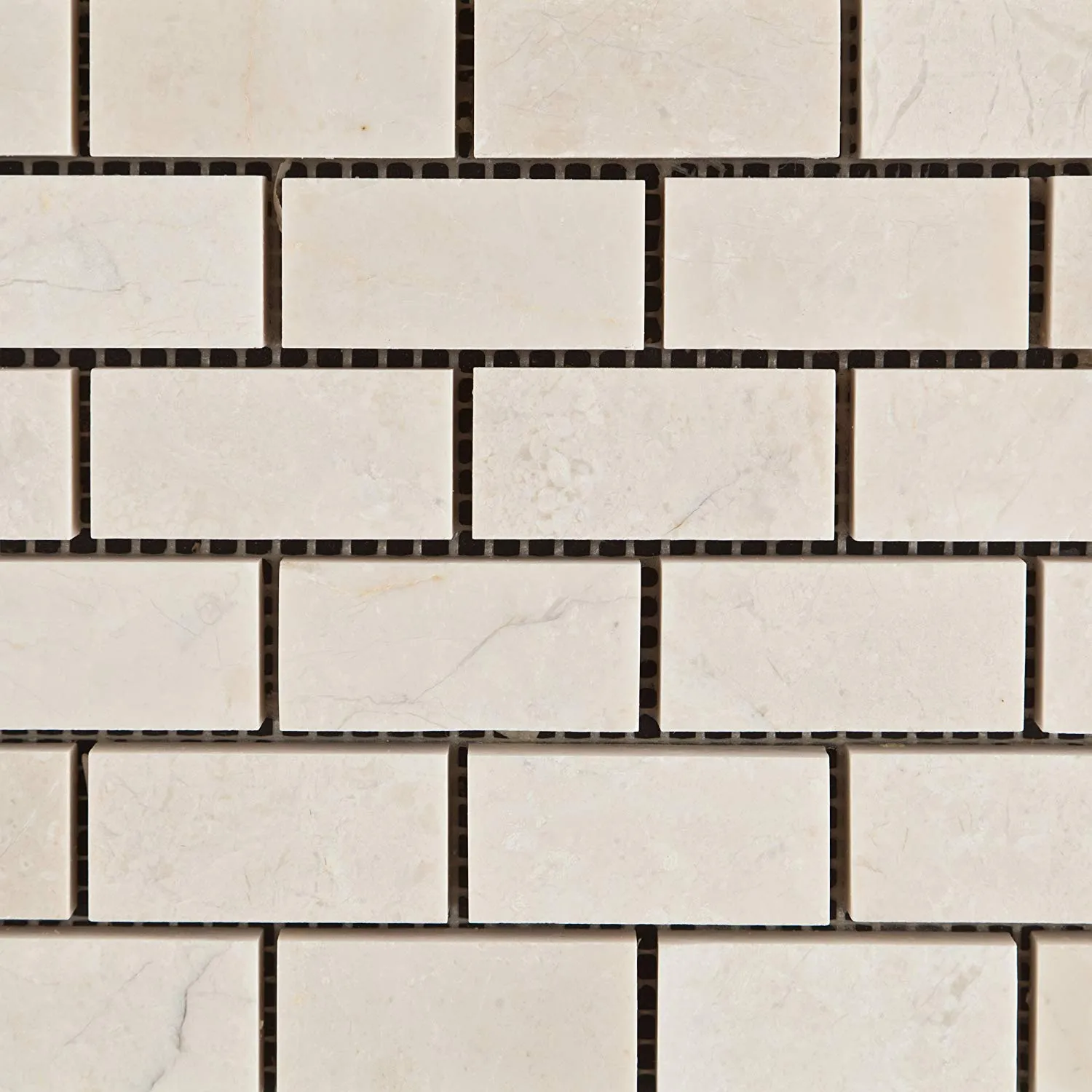White Pearl / Botticino Marble 1 X 2 Polished Brick Mosaic Tile - 6" X 6" Sample