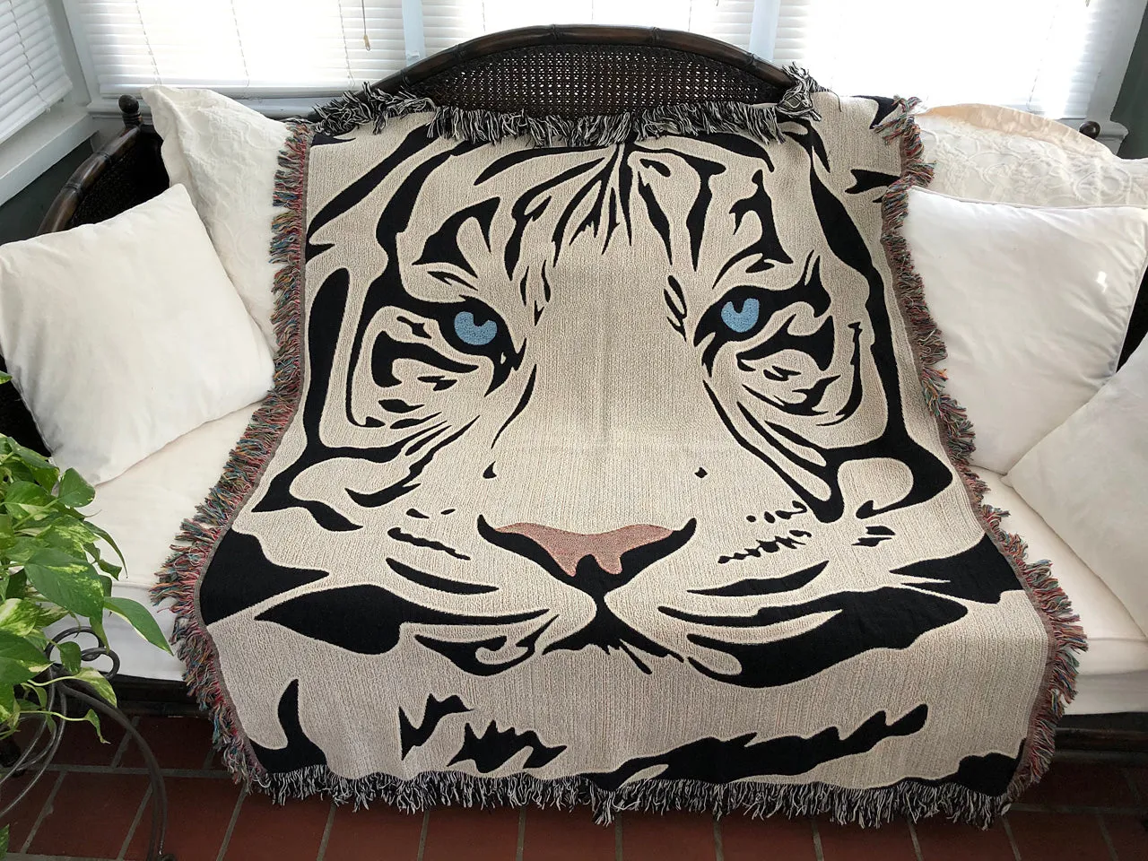 White Tiger Woven Blanket Throw