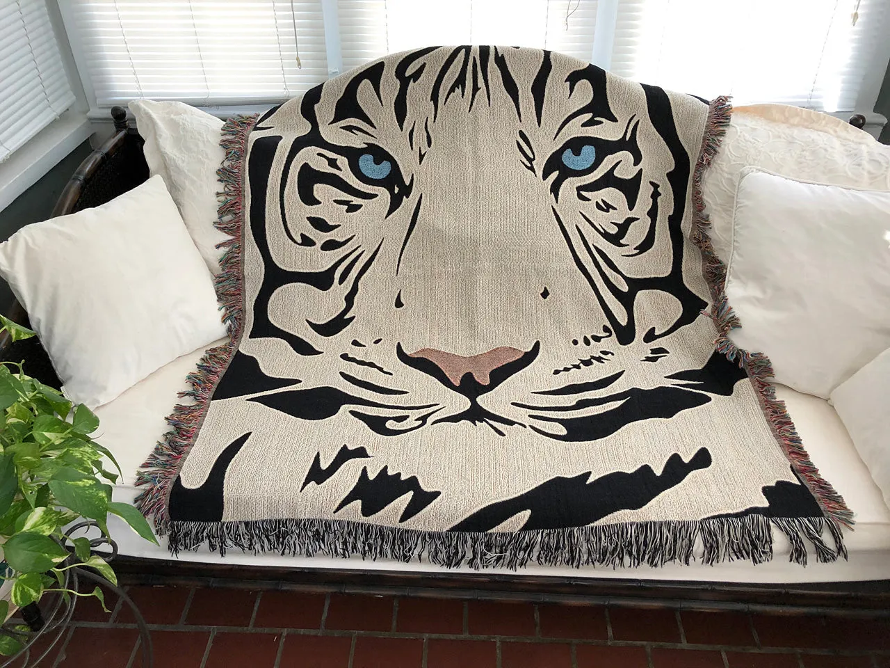 White Tiger Woven Blanket Throw