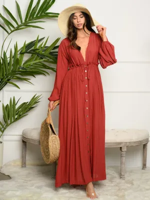 WOMEN'S LONG SLEEVE WOVEN MAXI DRESS