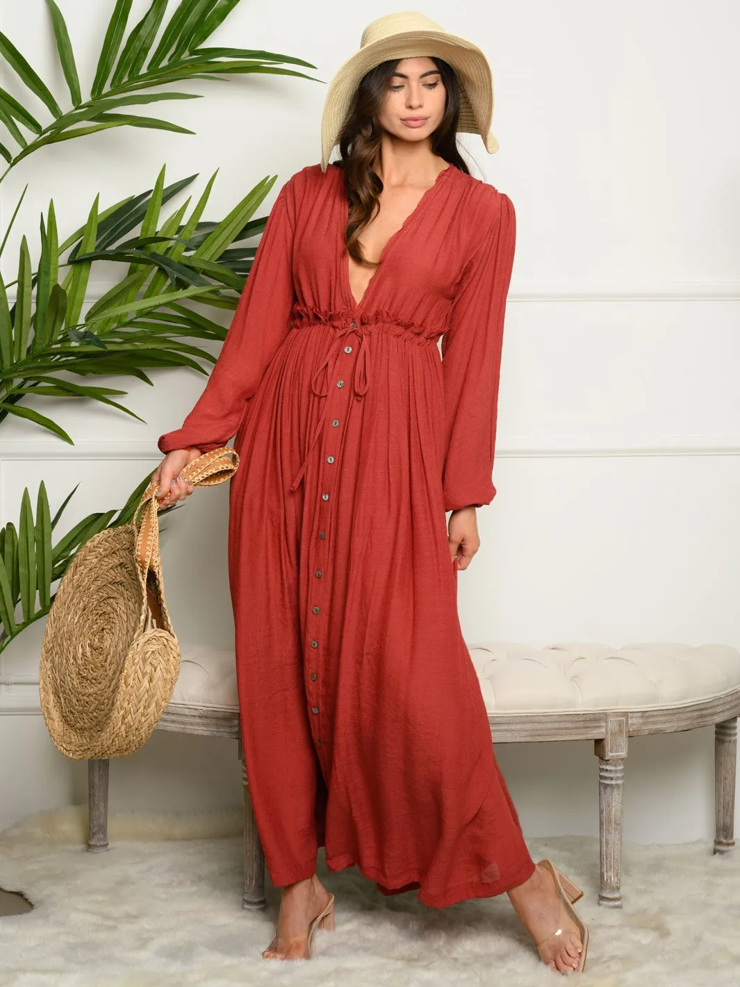 WOMEN'S LONG SLEEVE WOVEN MAXI DRESS