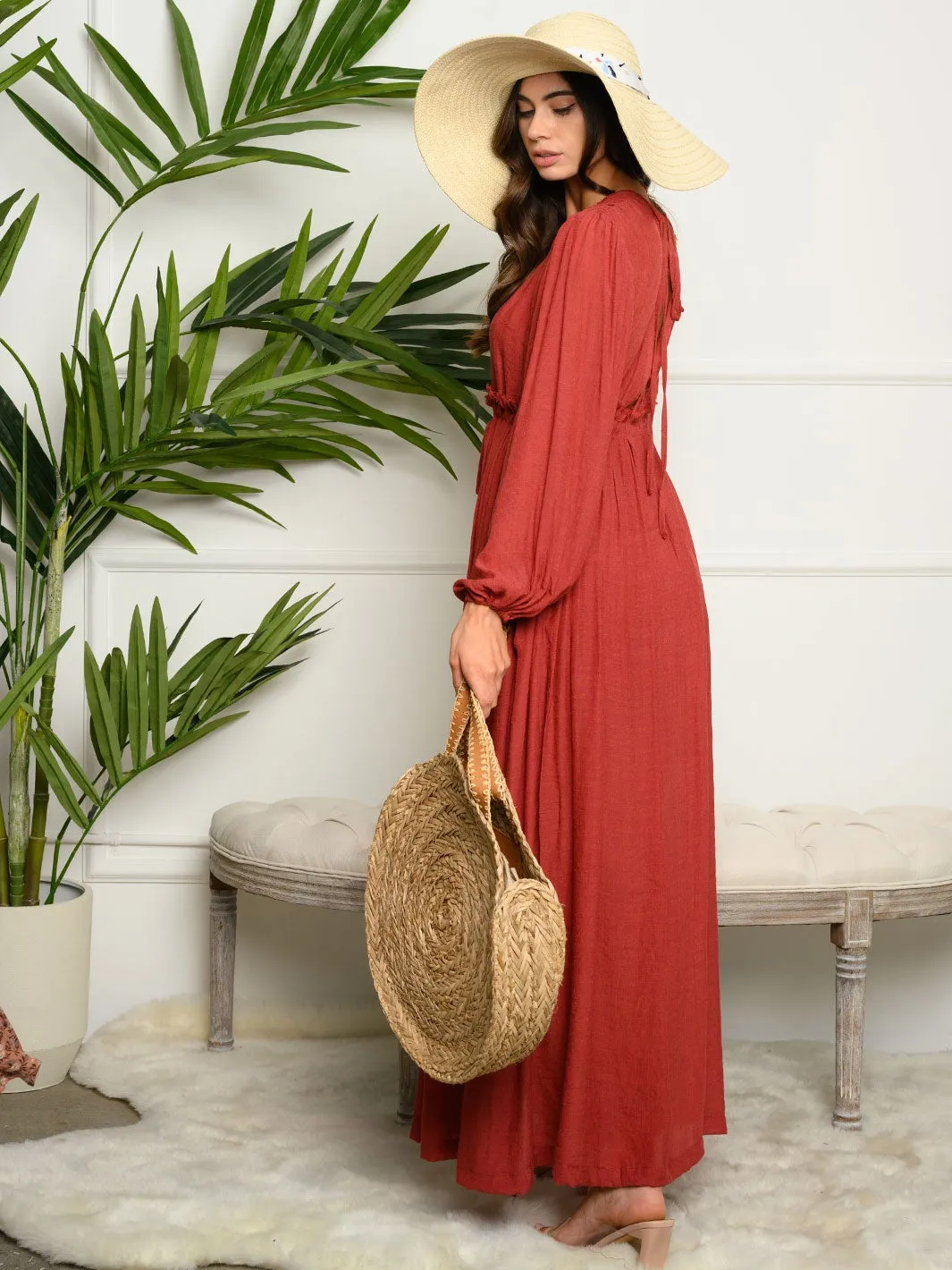 WOMEN'S LONG SLEEVE WOVEN MAXI DRESS