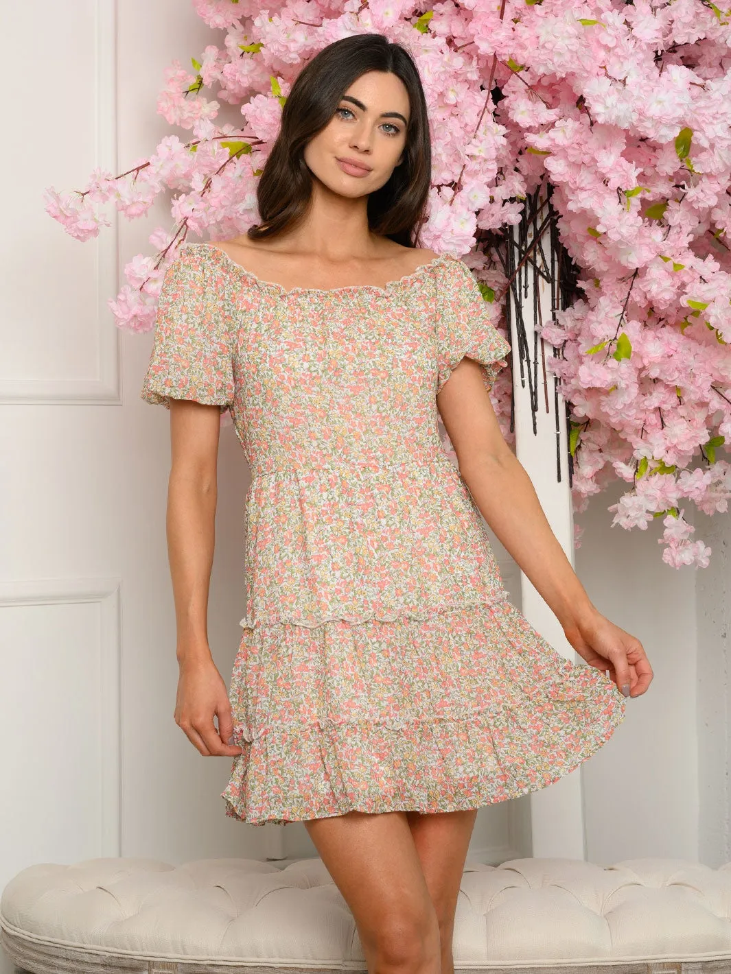 WOMEN'S PUFF SLEEVE FLORAL TIERED MINI DRESS