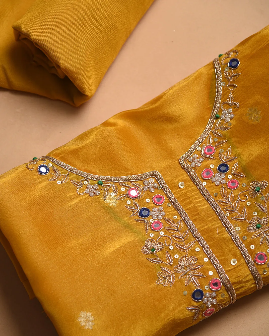 Yellow Tissue Shimmer Blend Woven With Hand Embellished Unstitched Suit Fabric Set With Tissue Shimmer Woven Dupatta