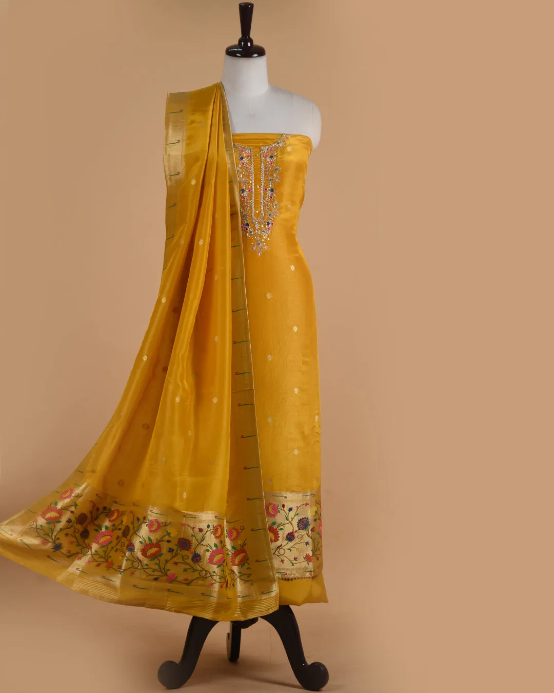 Yellow Tissue Shimmer Blend Woven With Hand Embellished Unstitched Suit Fabric Set With Tissue Shimmer Woven Dupatta