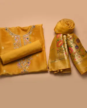 Yellow Tissue Shimmer Blend Woven With Hand Embellished Unstitched Suit Fabric Set With Tissue Shimmer Woven Dupatta