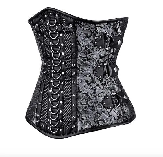 Zapata Silver Brocade Underbust Gothic Corset With Buckle
