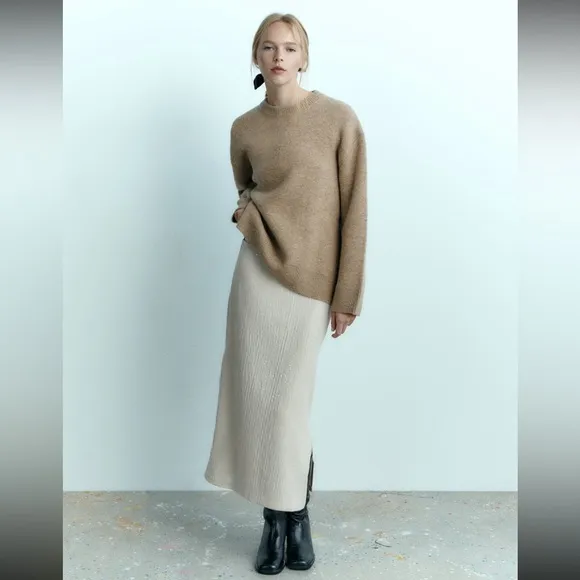 Zara sequins midi shimmery skirt, high waist, neutral