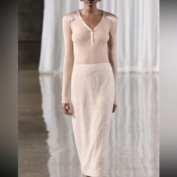 Zara sequins midi shimmery skirt, high waist, neutral