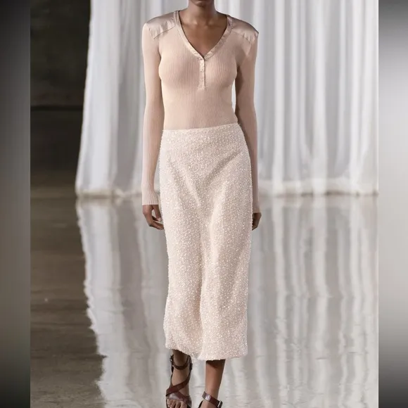 Zara sequins midi shimmery skirt, high waist, neutral