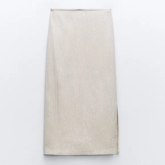 Zara sequins midi shimmery skirt, high waist, neutral